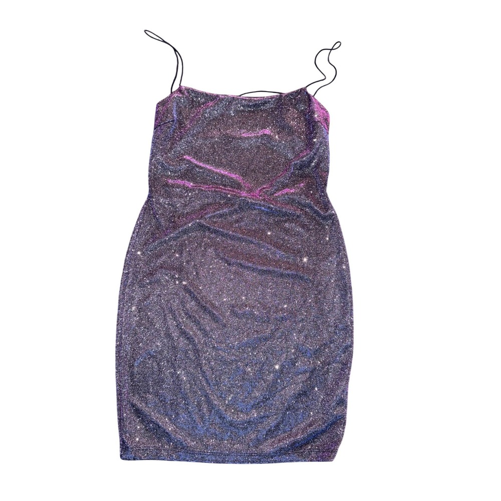 GLARE Womens Iridescent Purple Blue Sparkle Mini Bodycon Dress Open Back Sz S